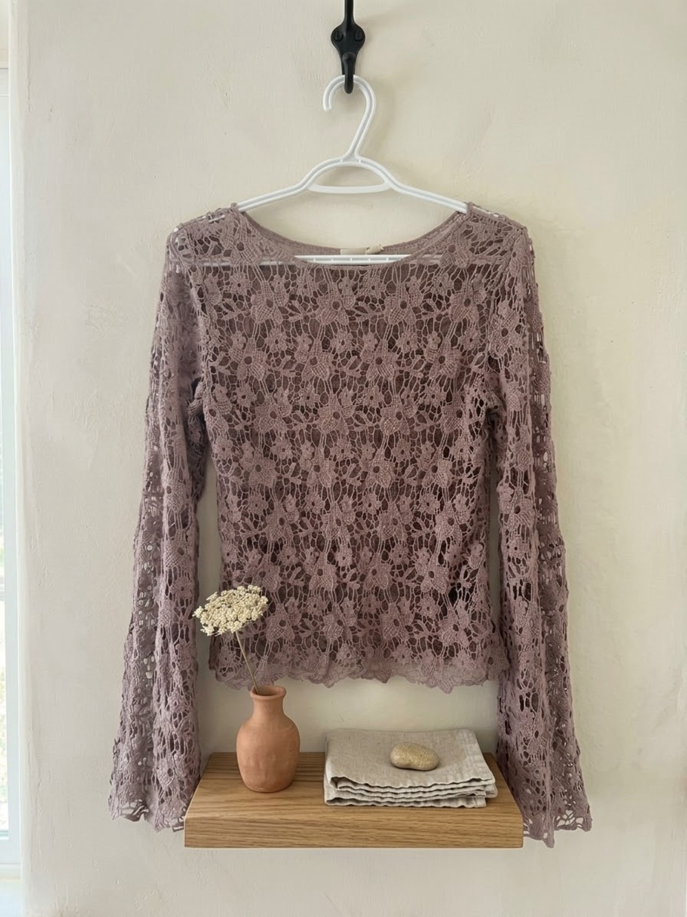 LC Lauren Conrad Runway Lace Bell Sleeve Blouse Gray Violet S Boho Fairycore